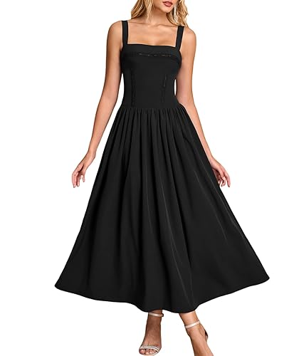 XinFSh Women's Summer Corset Midi Dress Flowy Square Neck Sleeveless