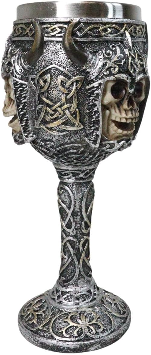 Ebros Viking Berserker Skull With Bison Horned Helmet Wine Goblet 7oz With Celtic Knotwork Patterns Vintage Chalice Cup With Food Safe Stainless Steel Liner As Halloween Ossuary Macabre Skulls Accent