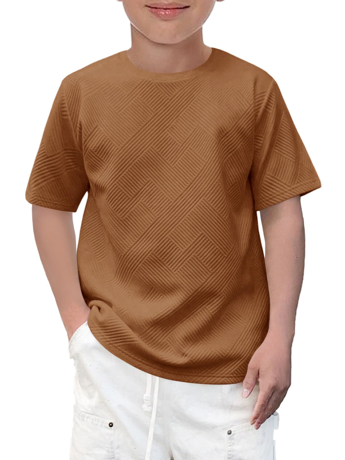 Haloumoning Boys Geometric Texture T-Shirts Kids Fashion Crewneck Short Sleeve Loose Tops Tees 5-14 Years