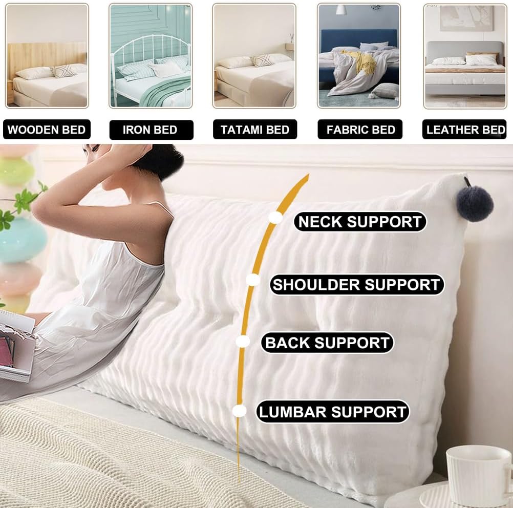 Headboard Pillow White Rectangle Reading Support Cushion Large Backrest Sofa Upholstered Dorm Day Bed Resting Bolster with Removable Cover