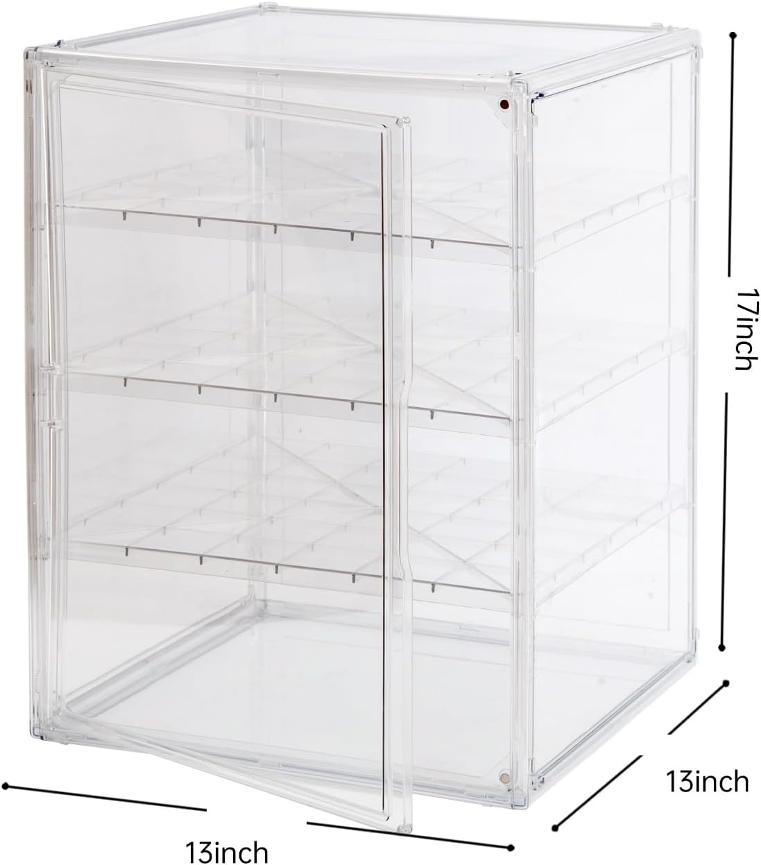 3X-Large 4 Tiers 17.7"X13"X13" Acrylic Display Case with 3 Division Boards, Clear Organizer Box Plastic Holder with Magnetic Door for Handbags, Purses, Boots, Figures, Book