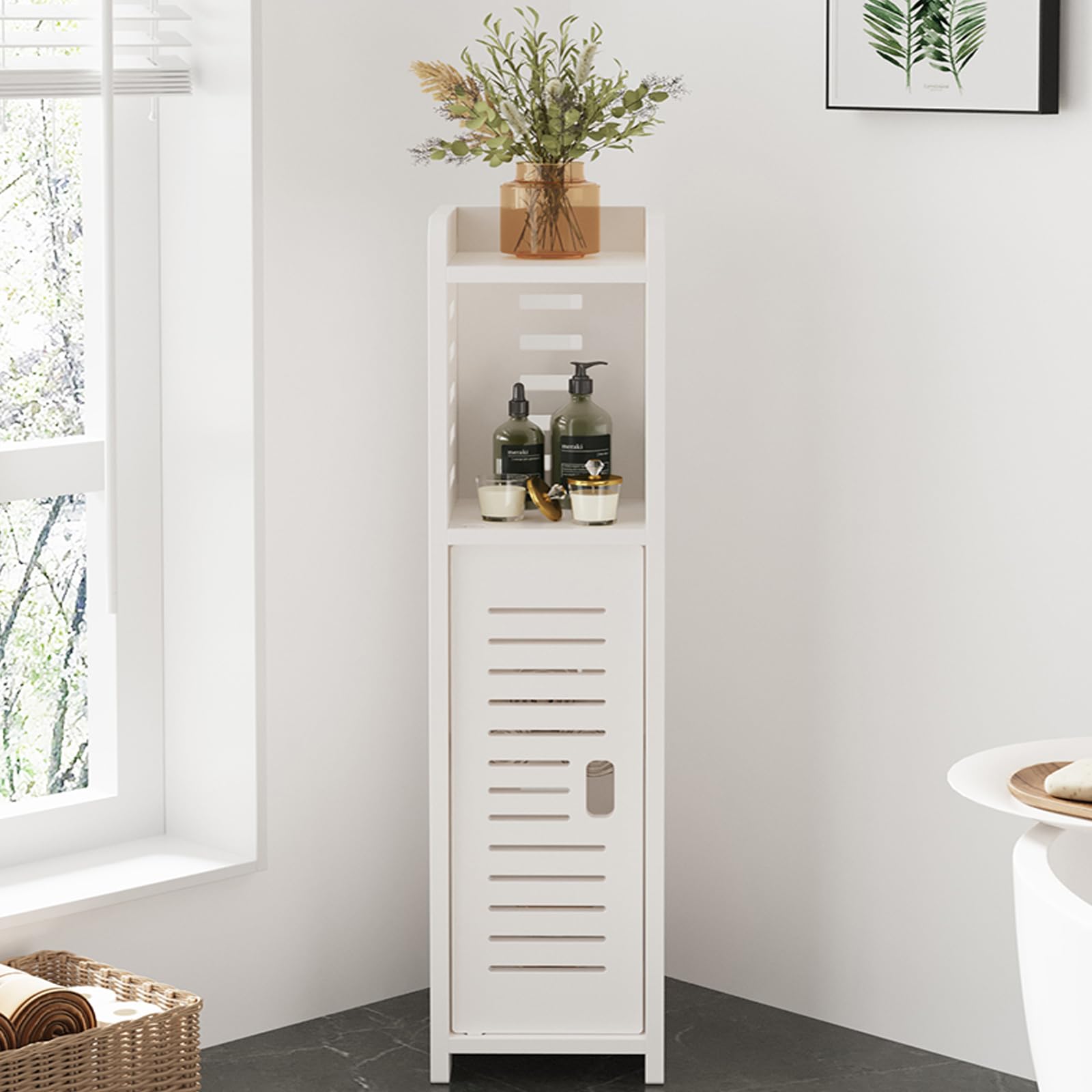 Dripex 4 Tier Bathroom Floor Cabinet, 18W x 20D x 80H cm, Slim White Storage Cabinet with Door, Narrow Free Standing Cupboards Adjustable Shelves for Bathroom or Bedroom (Door Style 1)