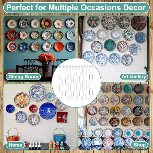 Image of Hotop 12 Pieces Plate Hangers for Wall Stainless Steel Wire Invisible Heavy Duty Plate Hangers Display Holders with 12 Pieces Hooks for Wall Decorative (4 /6 /8 /10 /12 /14 Inch,Silver)