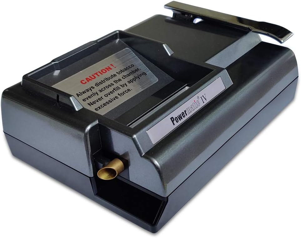 Side view of the Powermatic IV electric cigarette machine, highlighting the tobacco injection mechanism