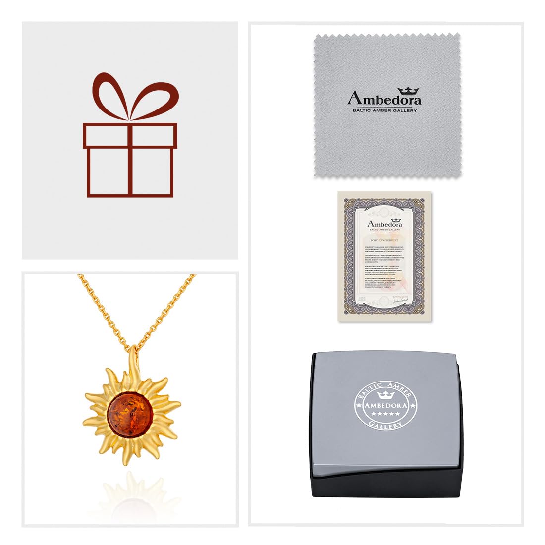 Collana Donna Piccolo Sole Con Ambra, Argento Placcato Oro, Ambra Baltica Rotonda Color Cognac, Ciondolo in Argento con Catenella