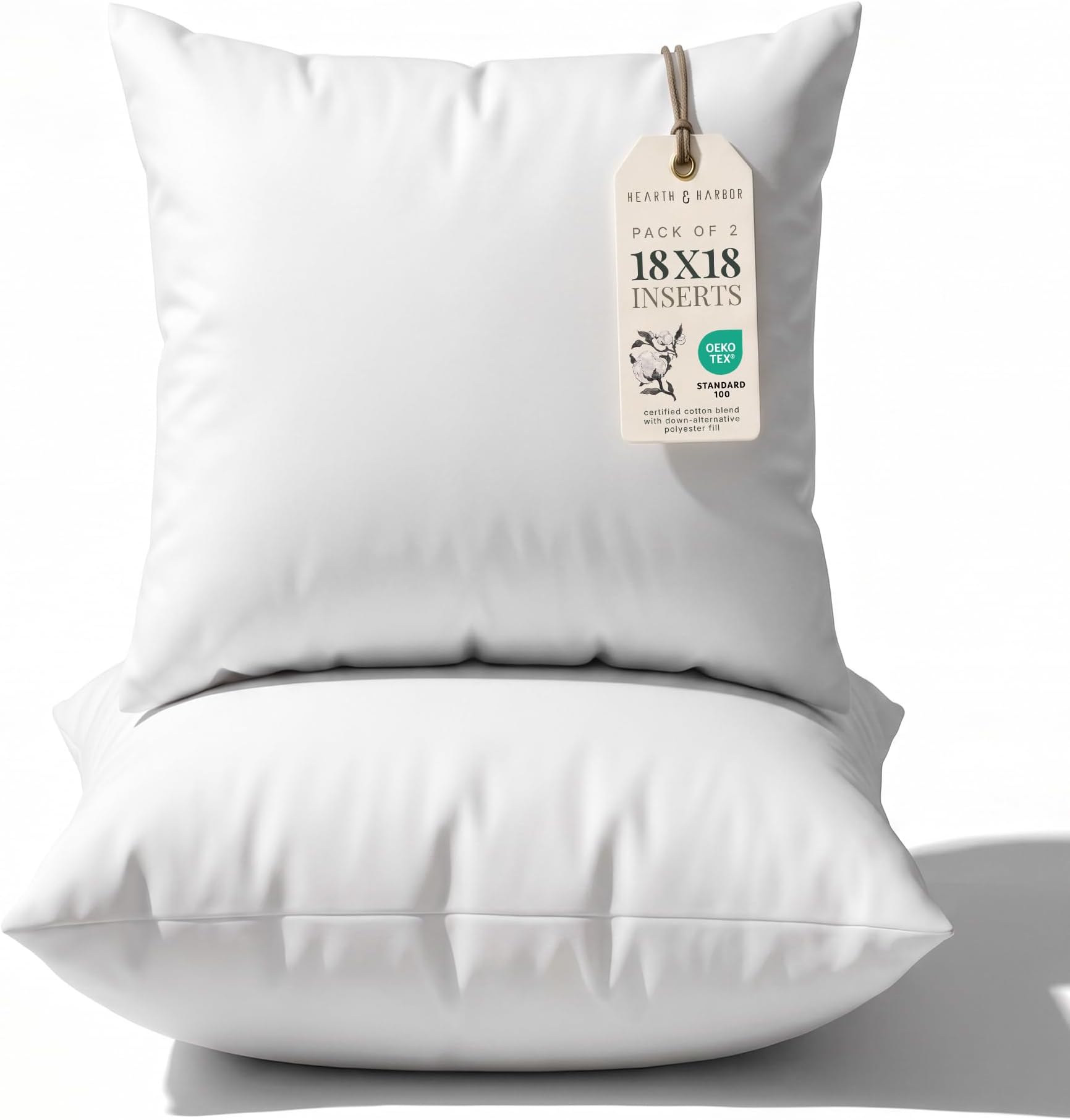 Hearth & Harbor 18x18 Pillow Inserts Set of 2 – Square Throw Pillow Insert for Bed, Sofa & Couch – Soft, Fluffy & Supportive White Decorative Cushion Insert
