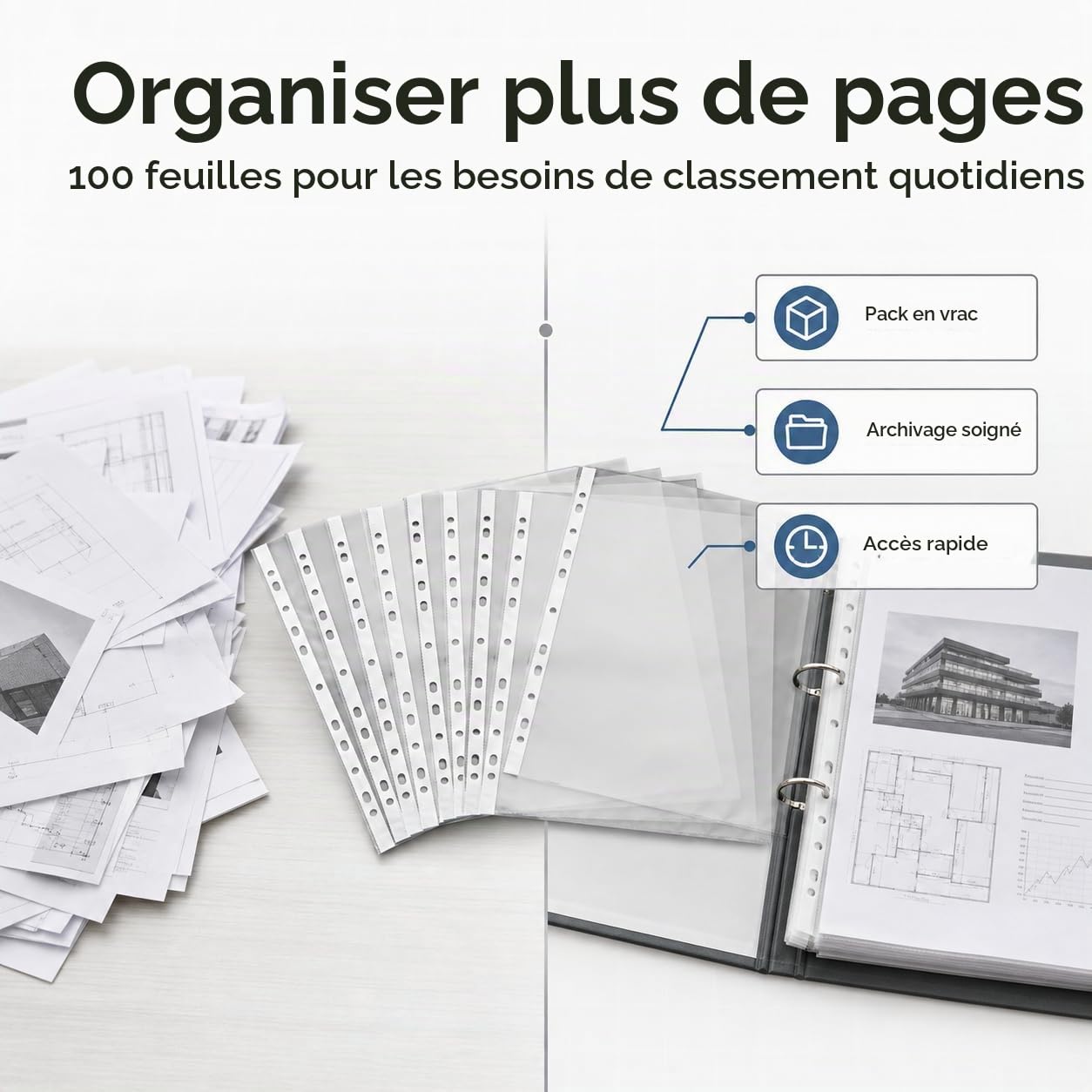 Lot de 100 pochettes transparentes A3, pochettes transparentes DIN A3, feuilles en plastique transparent, pochettes perforées en plastique transparent pour dossiers A3, documents, papiers
