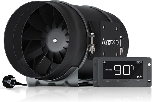 Aygrochy Inteligentny wentylator rurowy 200 mm z regulatorem temperatury i wilgotności, wentylator wyciągowy do wzmacniaczy, namiotów do uprawy, wentylacji i dmuchaw wyciągowych