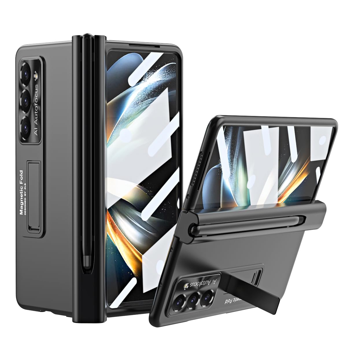 for Samsung Galaxy Z Fold 5 Case, with Pen &Pen Holder (Pen is not Original) Magnetic Hinge Protection+ Built-in Front Screen Protector + Luxury Electroplate Shockproof Case (Z Fold 5, Black)