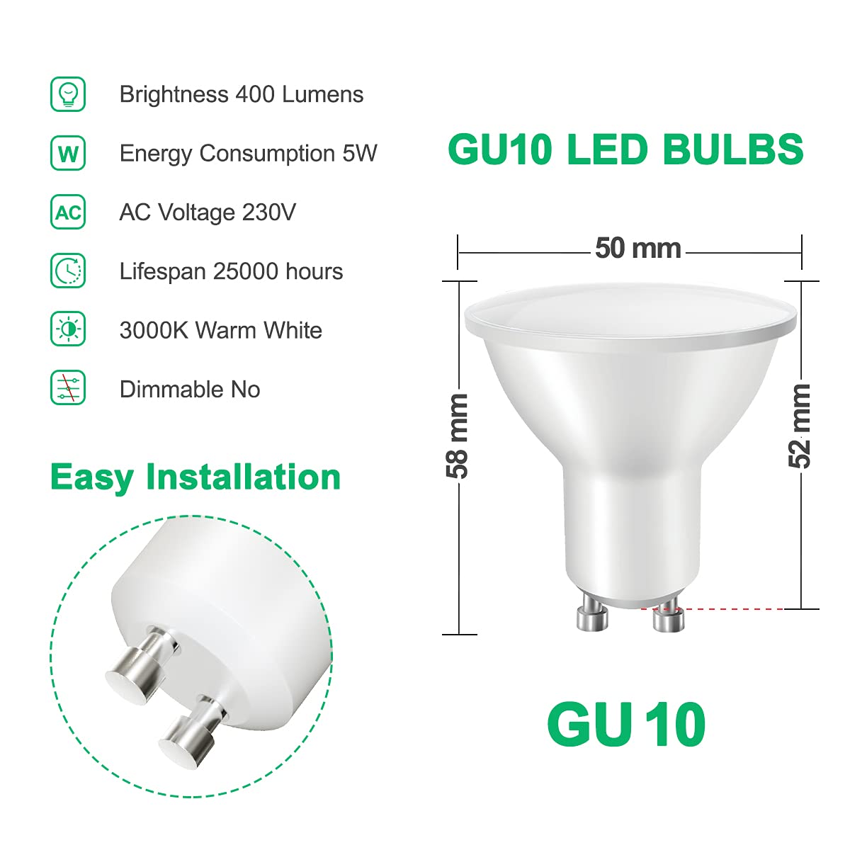 Bombillas led Bombillas GU10, luz Blanca cálida, 5W, 400lm, Equivalente a 40W, Bombillas LED for focos, no Regulables, Haz Ancho de 120 Grados, Paquete 10