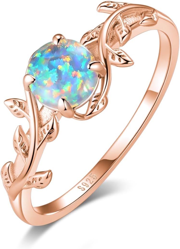 Natural Moss Agate Ring 925 Sterling Silver Leaf Ring Engagement Promise Rings for Women Jewelry Gift (6, Rose Gold-Opal)