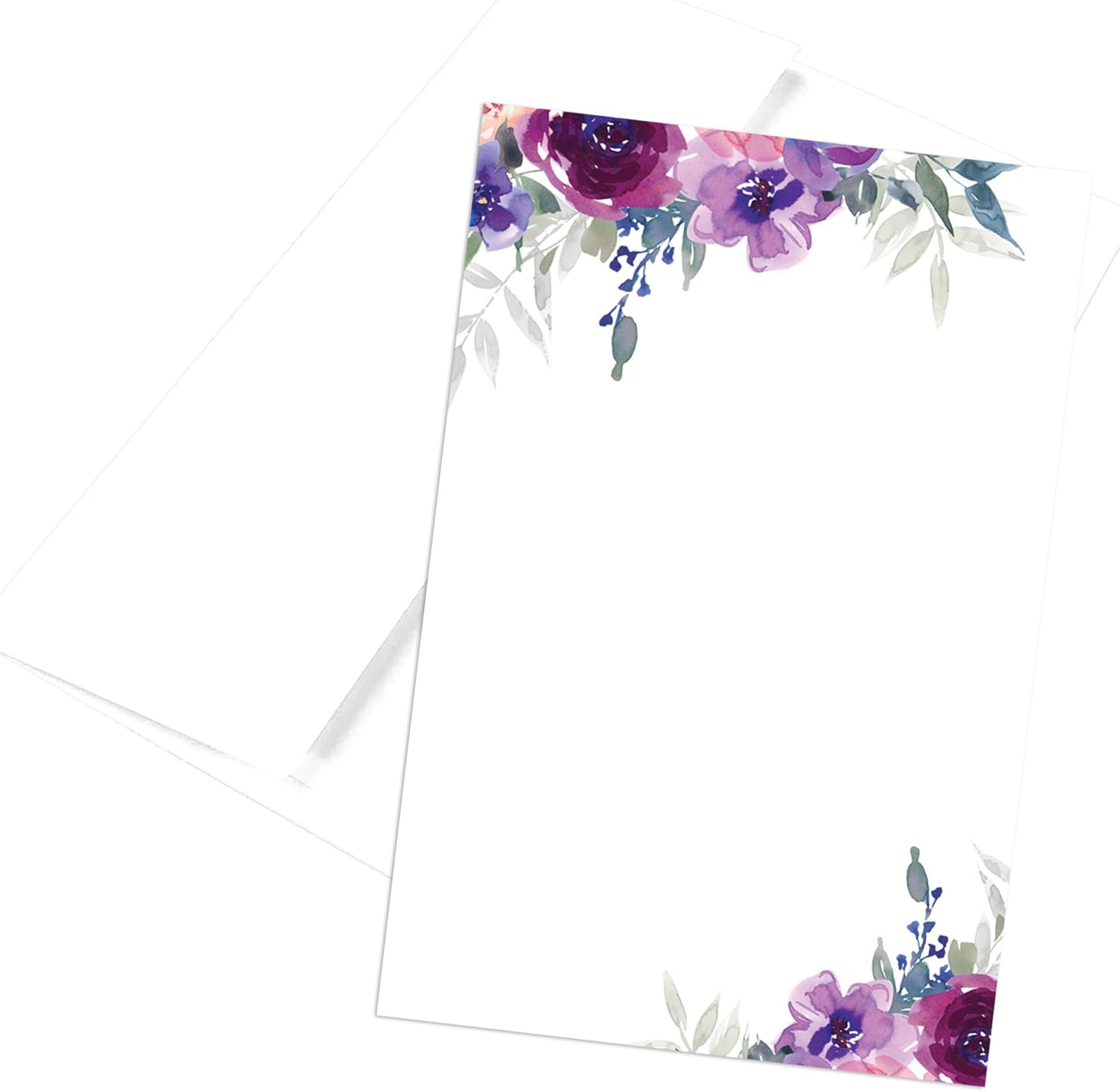 Debra Dale Designs "Purple Petals" Watercolor Notecards with Envelopes - 50-Pack 4"x6" Unlined - 300 GSM Thick Cardstock - Made in USA