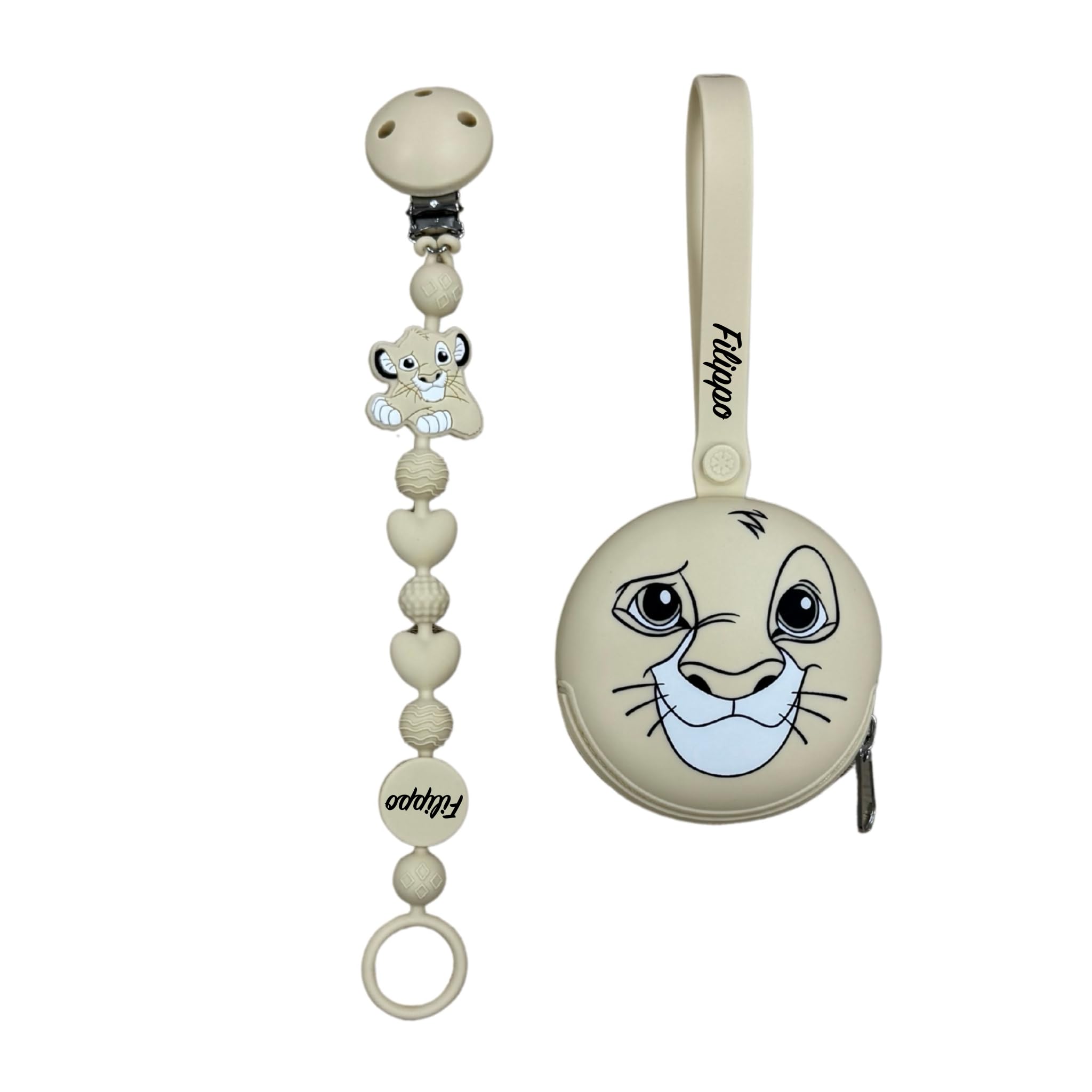 Cadena para chupete de silicona personalizada con nombre – Modelo Bubble Charm – Clip seguro – Idea regalo nacimiento – León