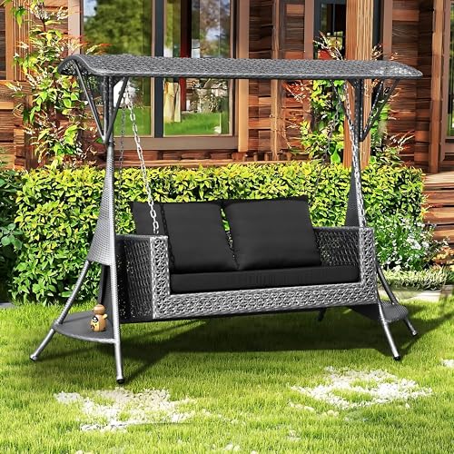 Image of Outdoor Swing with Stand & Roof Double Seater for Balcony, Garden | Weather Resistant Rattan & Wicker Hammock Jhula for Adults (Silver & Black)