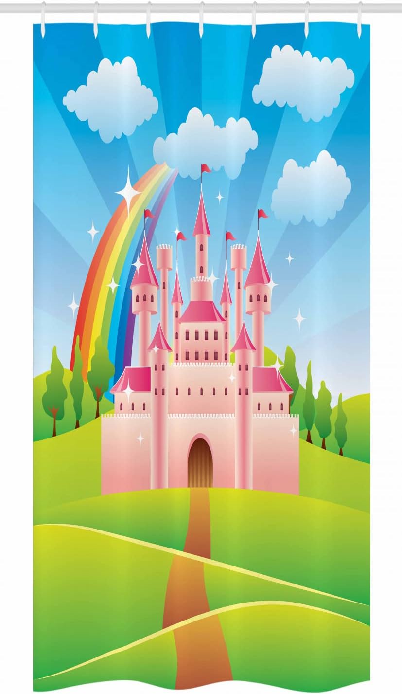 Ambesonne Feminine Stall Shower Curtain, Cartoon Style Castle Rainbow Clouds Summer Sky Colorful Design, Fabric Bathroom Decor Set with Hooks, 36" W x 72" L, Green Pink and Blue