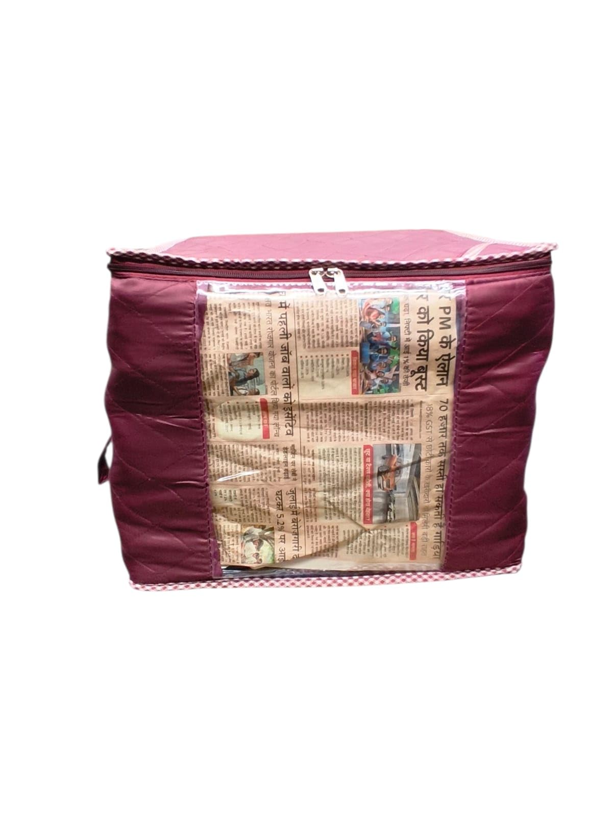 Quilted Saree Cover Storage Bag, Maroon, Clear Window Design, 36 x 43 x 30 cm, Zippered Closure with Both Side Handle