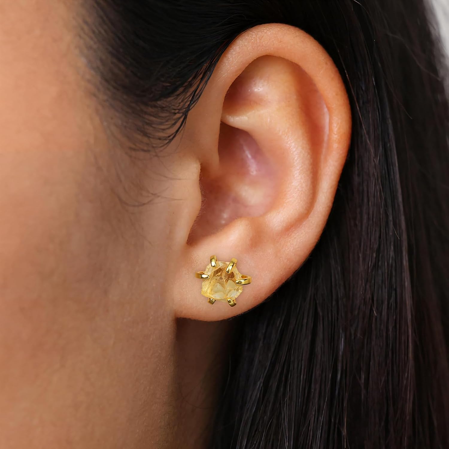 Crystal Earrings, Natural Raw Citrine Prong Setting Stud Earrings for Women, Handmade Gold Plated November Birthstone Earrings - Image 2
