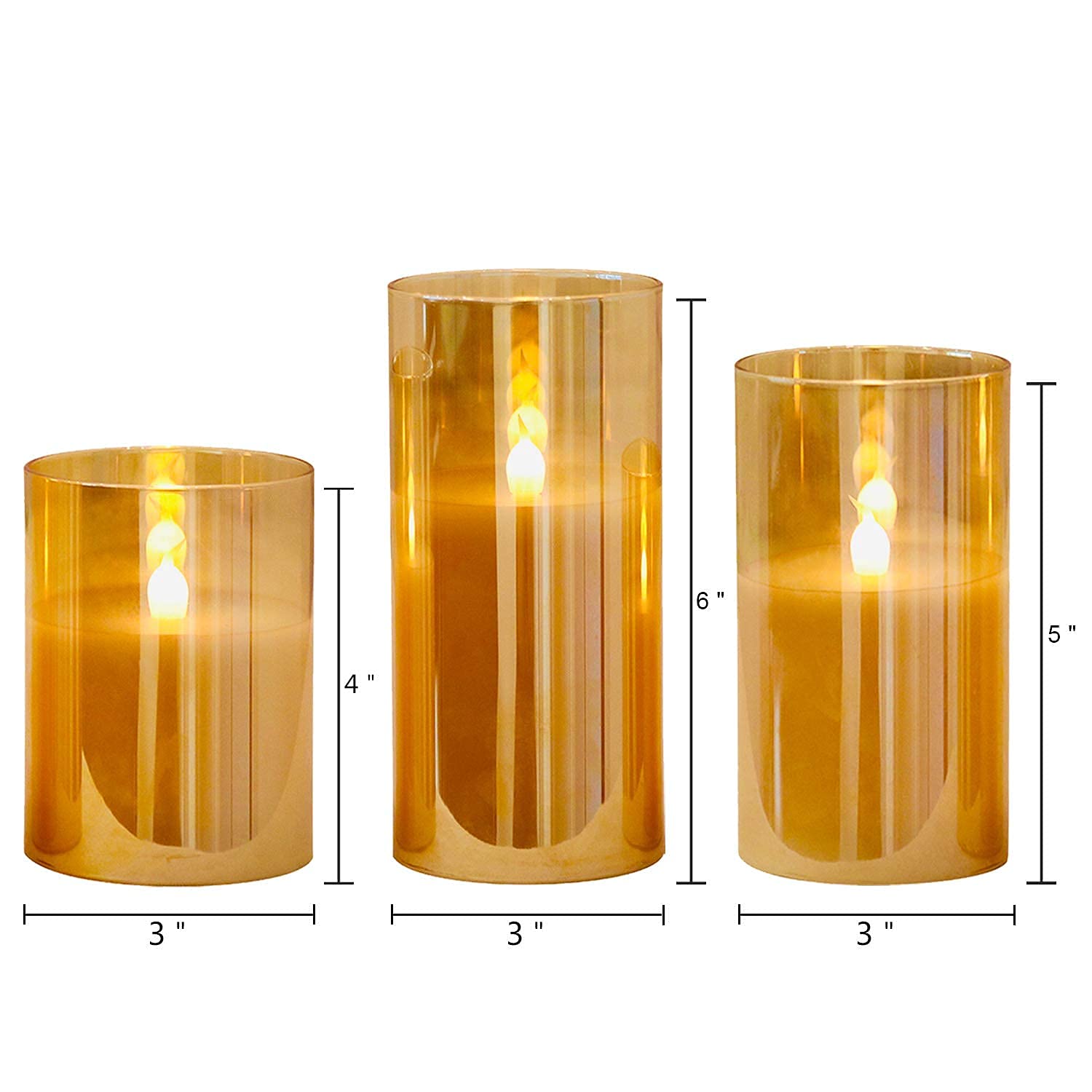 Eldnacele Lot de 3 bougies en verre doré à piles avec minuteur et télécommande à 10 touches, sans flamme, LED en cire véritable, bougie à lumière chaude vacillante