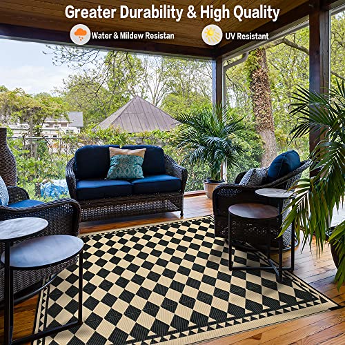 Hugear Outdoor Rug For Patios Clearance,Waterproof Mat,Large Outside Carpet,Reversible Plastic Straw Camping Rugs,Rv,Porch,Deck,Camper,Balcony,Backyard (5X8,Checkered/Black&Beige) #TOP4