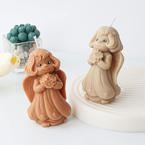 Miniatura 4 de LSLEVA Moldes de silicona para velas de ángel con diseño de flores 3D, moldes con forma de ángel para aromaterapia, fundición de resina, molde de