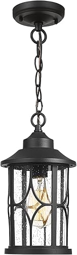 zeyu ZX48H BK - Lámpara colgante exterior de granja de 12 pulgadas con vidrio sembrado acabado negro ZX48H BK