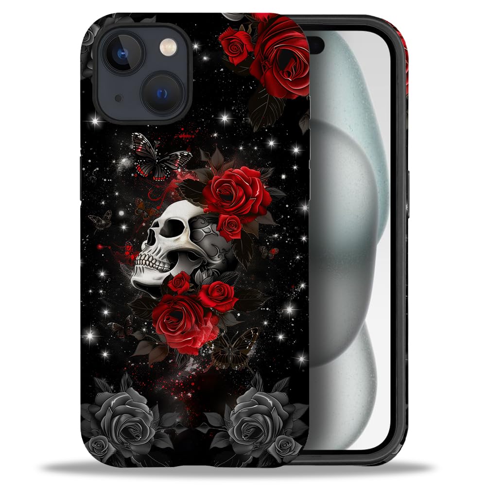 yicomon Compatible with iPhone 15 Case，Skull Red Rose Pattern Print Matte Phone Case Durable Fashion Funny Liquid Silicone Case Soft Anti-Scratch