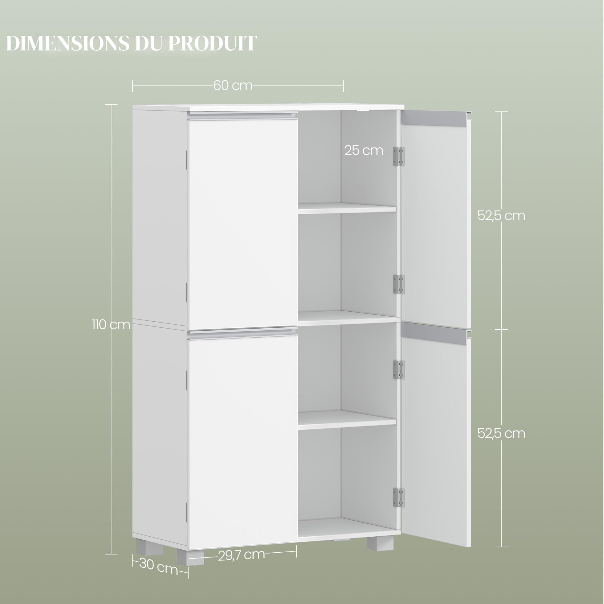 HEXCELEN Armoire de Salle de Bain, Meuble de Rangement avec 4 Portes Blanc | Placard de Cuisine avec Étagères Réglables, Adaptée au Salon, à La Salle de Bain, à La Buanderie, 30 x 60 x 110 cm