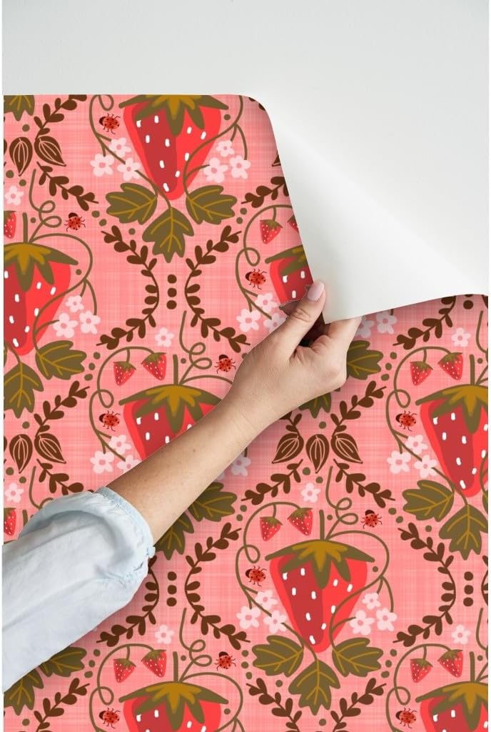 Peel & Stick Wallpaper 3ft x 2ft - Strawberry Damask Mustard Pink Floral Happy Sweet Custom Removable Wallpaper by Spoonflower