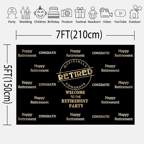 Miniatura 2 de Telón de fondo dorado negro oficialmente retirado para fotografía, 7 x 5 pies, fondo de fiesta de jubilación, accesorios de estudio de cabina de