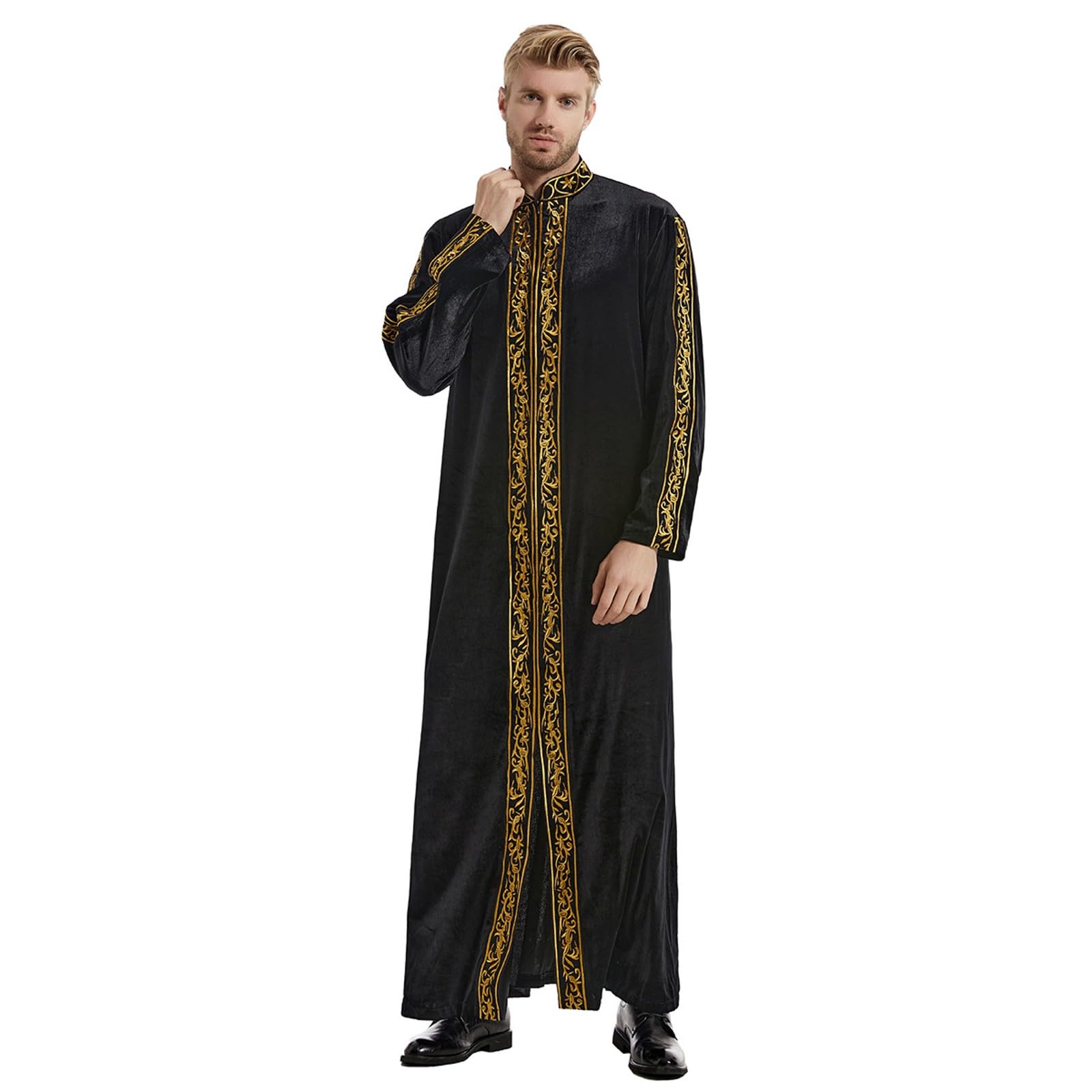 Ramadan Caftano Uomo Oro Velluto Abiti Musulmani Abaya Arabo Thobe Manica Lunga Tunica Musulmano Ricamo Islamico Robe Dubai Vestiti Sauditi Medio Oriente Abbigliamento da preghiera