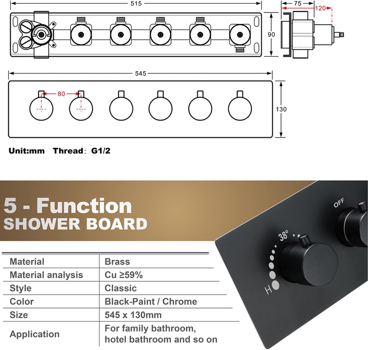 Black Shower Valve Constant Temperature Brass Shower Control Valve Kit in-Wall 5 Functions Shower Faucet Valve