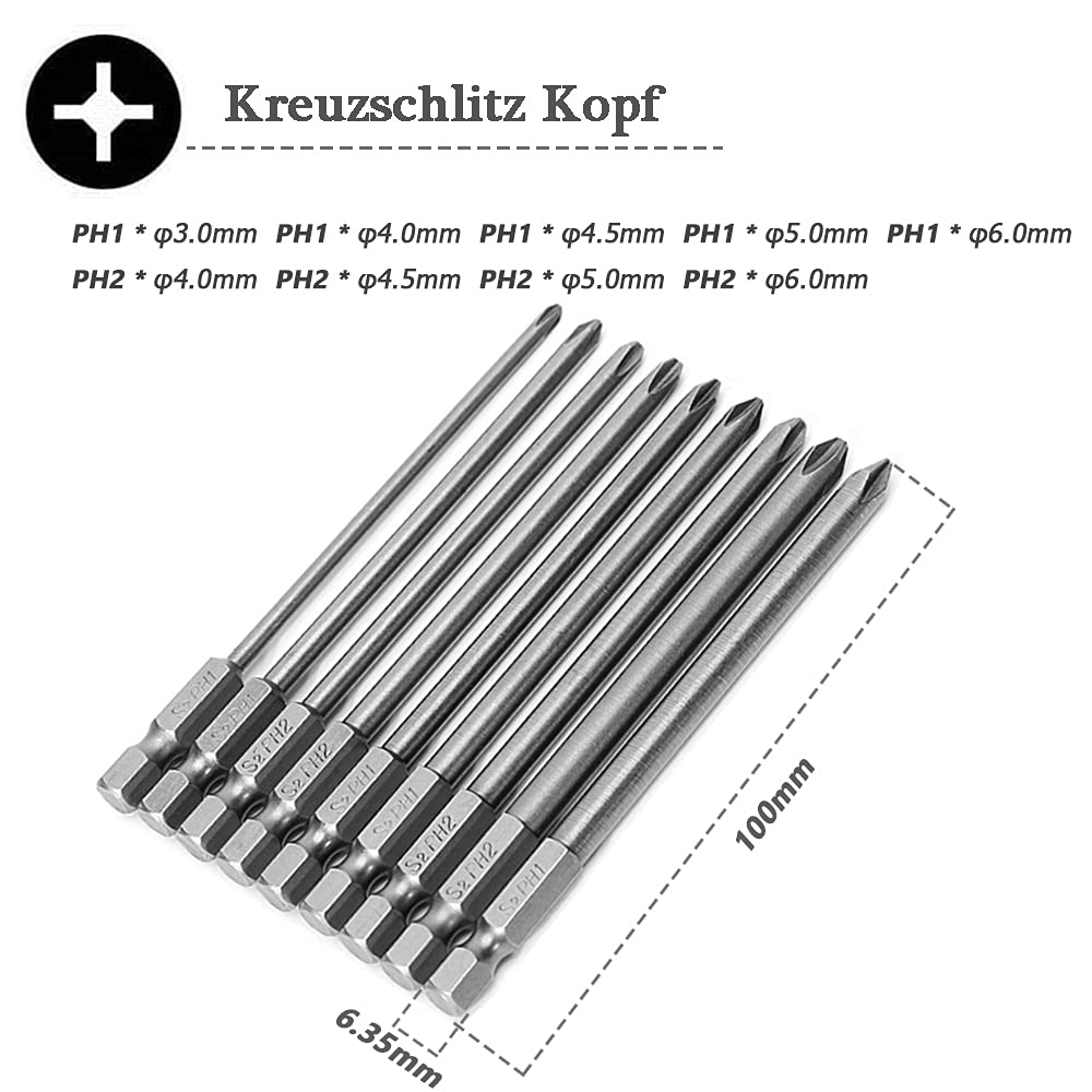 Mesee 23-częściowy zestaw długich końcówek do wkrętarek, stal S2, magnetyczne 1/4" sześciokątne końcówki Torx + zestaw końcówek krzyżowych + zestaw końcówek sześciokątnych, 100 mm