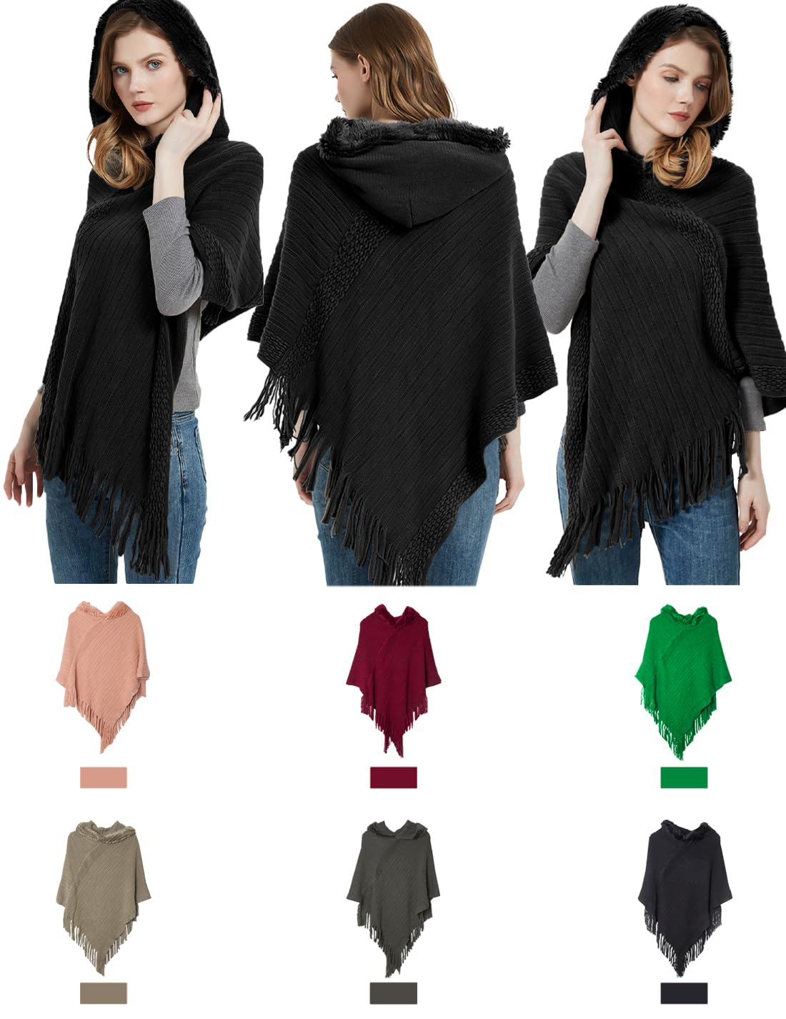 JFAN Poncho Mujer Invierno Otoño Poncho y Capa Punto para Mujer Pompón Gorro Poncho de Punto Flecos Felpa con Capucha