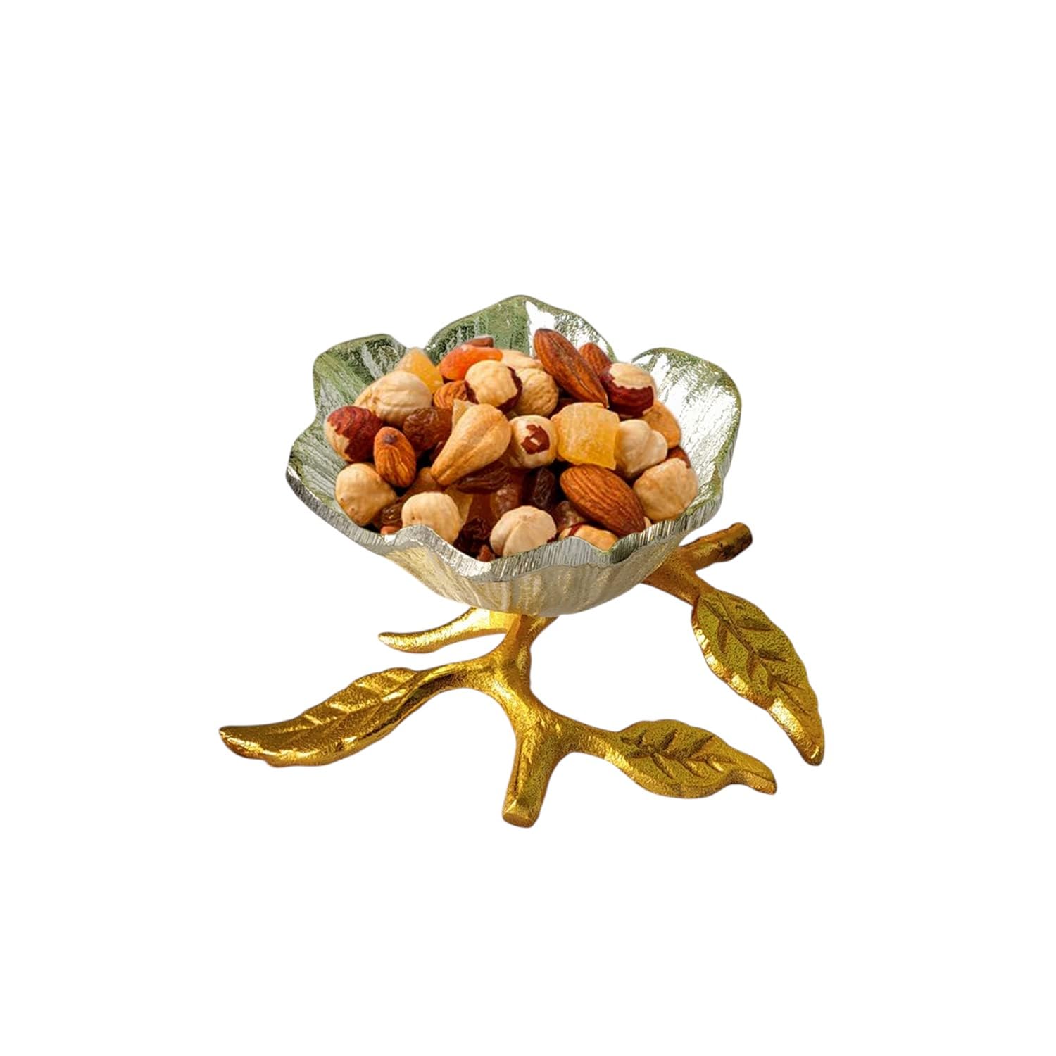 Extreme Karigari Flower Shaped Aluminum Solid Decorative Serving Bowl On Leaves Stand ( Gold-Silver), 0.20 liter-image-2
