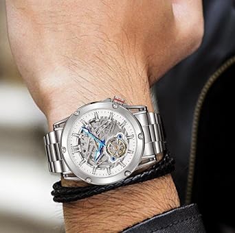FORSINING Men's Automatic Skeleton Big Face High End Strong Mechanical Movement Watch (Silver and White)