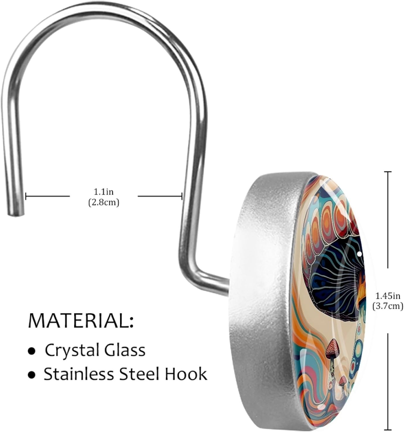 12 Packs Abstract Mushroom Pattern Shower Curtain Hooks, Stainless Steel Glass Shower Curtain Rings for Bathroom Decor, Metal Rustproof Curtain Rod Hooks