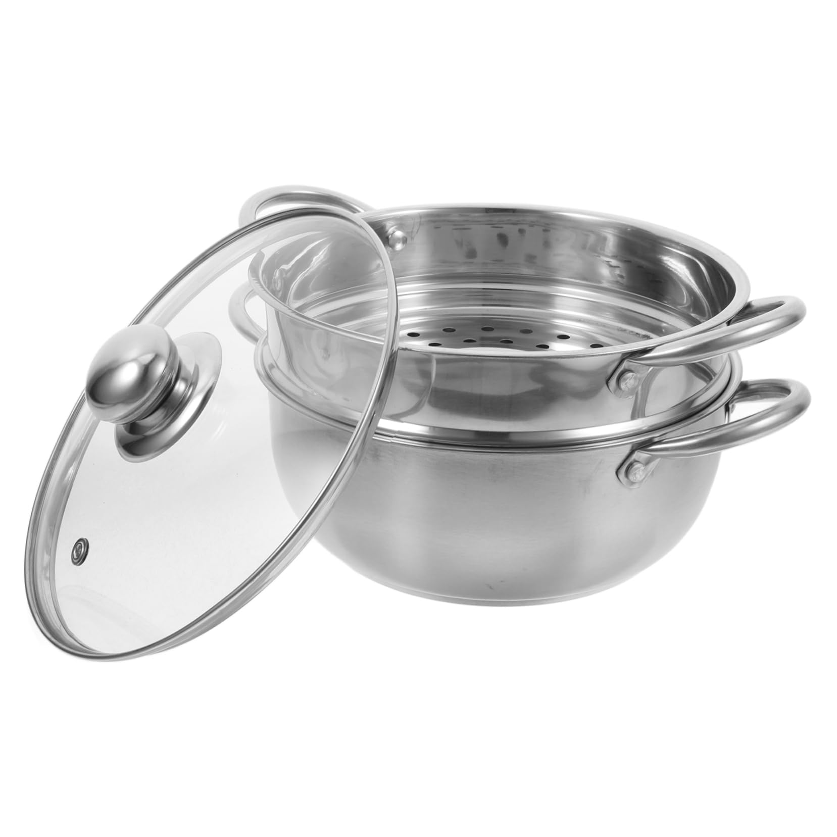 Vaporera Acero Inoxidable de 2 Niveles, Olla Vaporera para Verduras Tapa de Vidrio y Mango, Apta Cocina