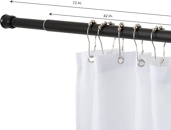 Tension Curtain Rod | Spring Loaded | Adjustable Expandable 42-76 | Bathroom Shower Rod | Closet Pole | Room Divider | No Rust | No Drilling | Matte Black