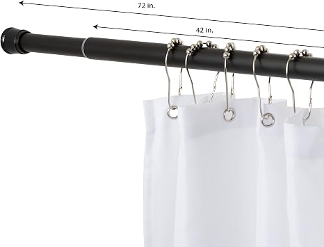 Tension Curtain Rod | Spring Loaded | Adjustable Expandable 42-76 | Bathroom Shower Rod | Closet Pole | Room Divider | No Rust | No Drilling | Matte Black