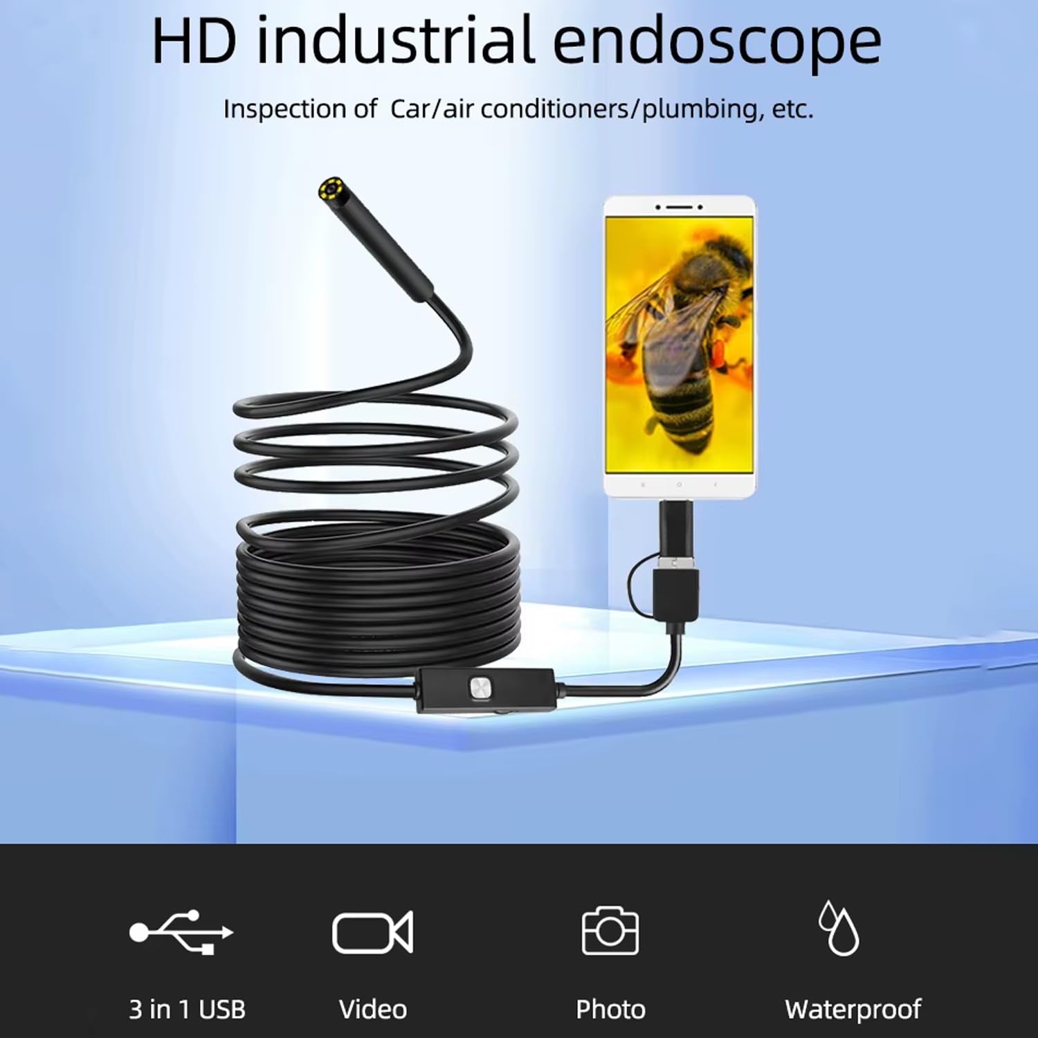 Telecamera Endoscopica 3 in 1 per Tubi, Endoscopio Impermeabile IP67 con 6 LED E Cavo Semirigido per Tubi di Scarico, Manutenzione Auto(10M)