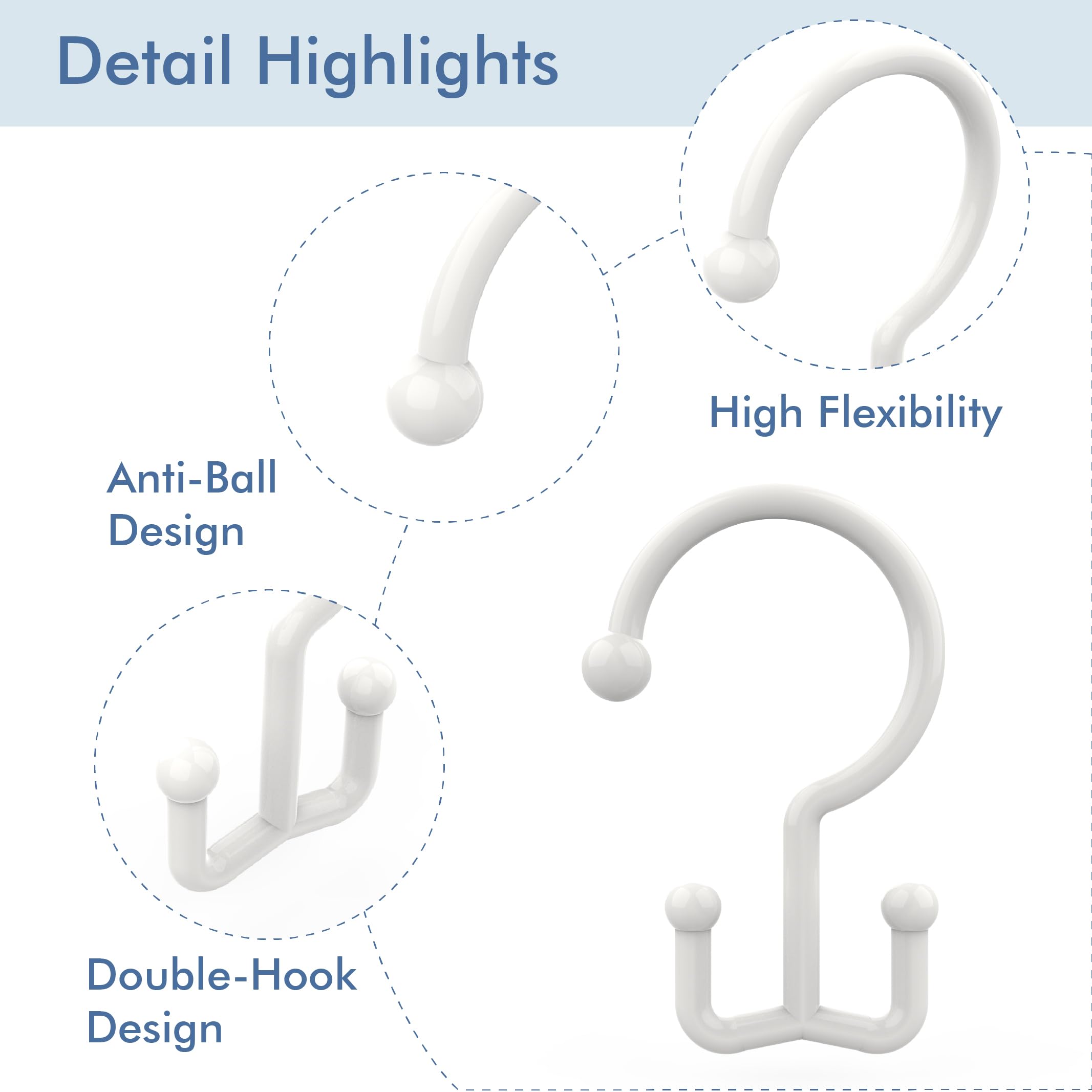 Bathway Plastic Double Shower Curtain Hooks,12Pcs Bathroom Shower Curtain Hooks, Smooth Sliding, Easy to Use, Multi-Functional Rings for Shower Curtain, White - 5