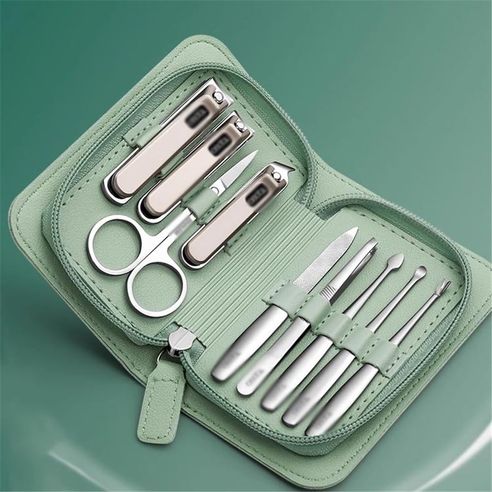 Kit de manicura, Juego de cortaúñas de Acero Inoxidable Verde, para el hogar, portátil, Herramienta para Recortar la Piel Muerta, 9 Piezas, Ideal para Viajes.