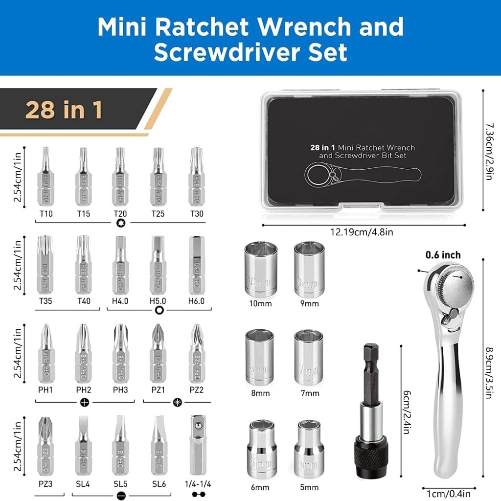 Multipurpose Space Saving Ratcheting Wrench Screwdriver Set 28 Tool Magnetic Bit