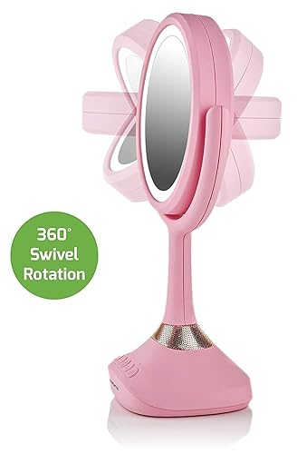 Miniatura 8 de Ovente Espejo de tocador iluminado, parte superior de mesa, giro de 360 grados, círculo de doble cara, LED, 1 x 5X, lupa con audio MP3, altavoz