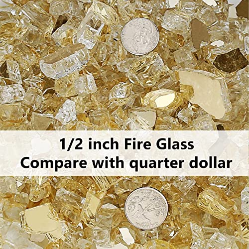 Grisun Gold Fire Glass For Fire Pit - 1/2 Inch High Luster Reflective Tempered Glass Rocks For Natural Or Propane Fireplace, Safe For Outdoors And Indoors Firepit Glass, 10 Pounds #TOP2