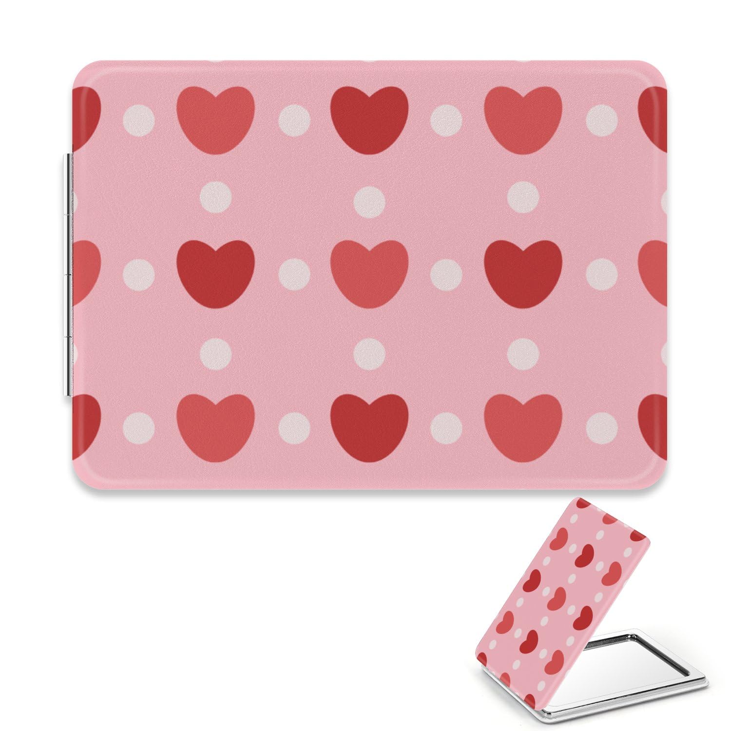 Rectangular Mirror Compact 8.5cm X 6.2cm, Pastel Heart Dot Decor Leather Compact Mirrors, 1X/2X Magnifying Makeup Mirror Handheld Teen Girl Handbag, Teen Girl Gifts Gifts for Couples