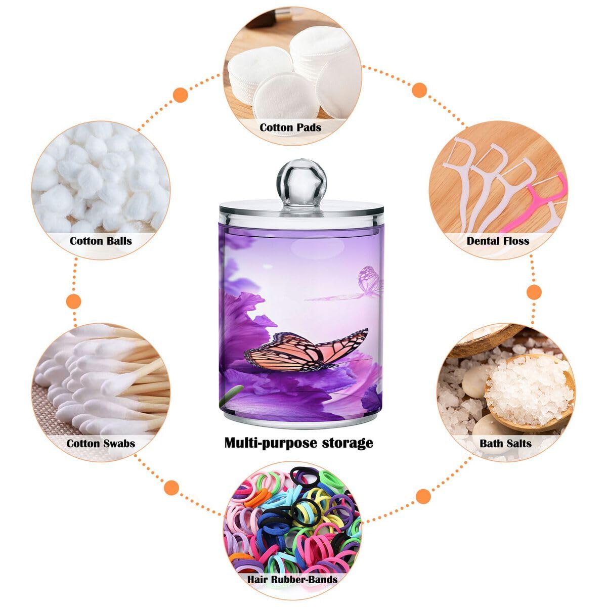 Violetter Schmetterlings-Qtip-Halter, 400 ml, Apothekergläser, Badezimmer-Organizer, Behälter für Qtips, Wattestäbchen, Wattebälle, Kosmetik-Pads, Flossers, Badesalz, 2 Stück