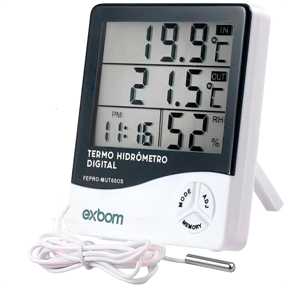 Termômetro Digital e Higrômetro com Relógio, Medição de Temperatura e Umidade, Máxima/Mínima, com Cabo, para Freezer, Geladeira, Aquário, Chocadeira Premium