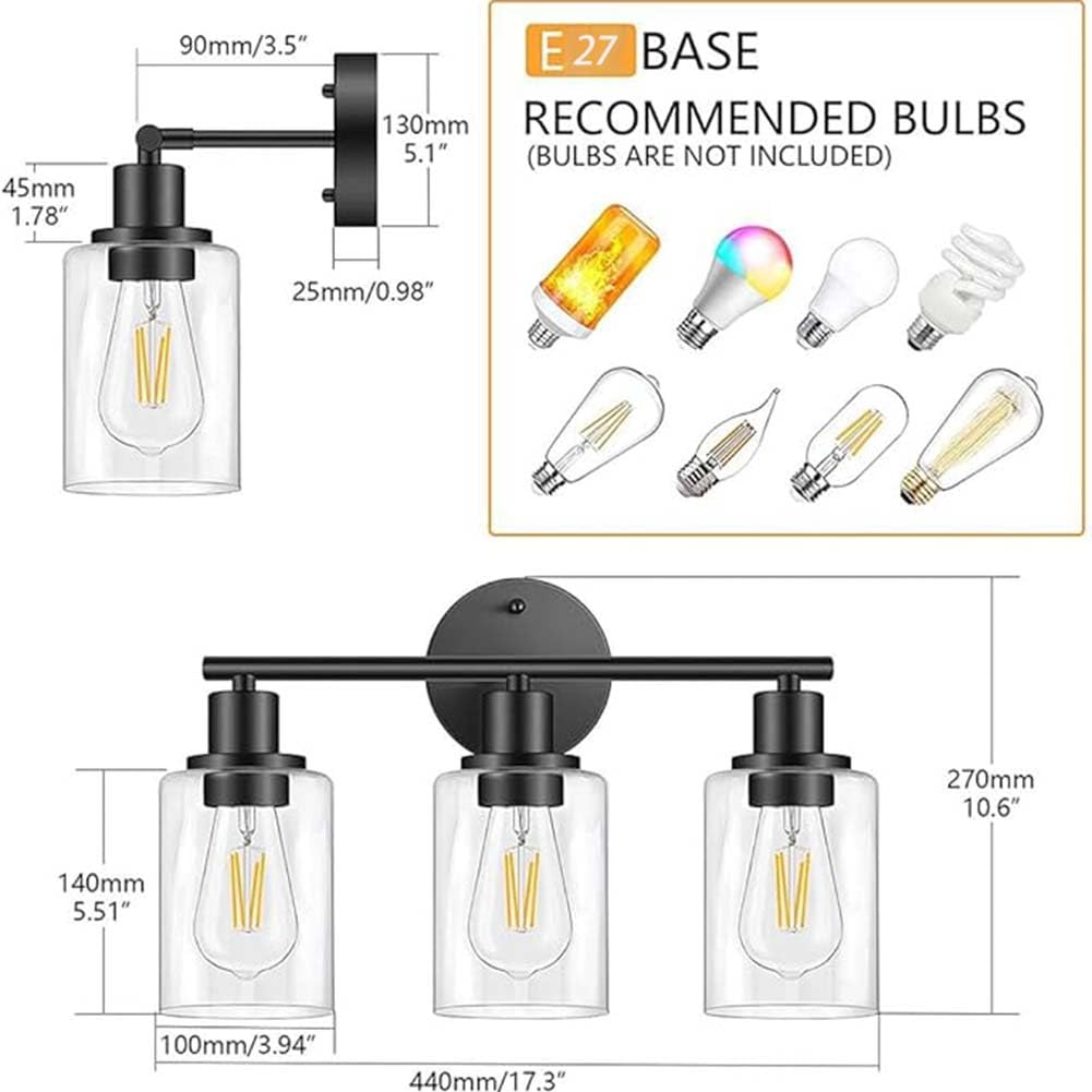 3 Flammig Wandlampe Glas Schirm Schwarz Badezimmerleuchte Retro Industriell Wandleuchte Innen Wasserdicht Spiegellampe Indoor Vintage Wandbeleuchtung E27 für Wohnzimmer Schlafzimmer