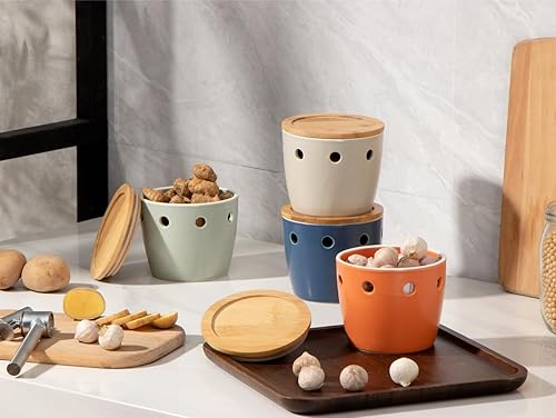 Miniatura 4 de ONEMORE Garlic Keeper grande con tapa, protector de ajo de cerámica de 5 pulgadas, para mostrador, naranja